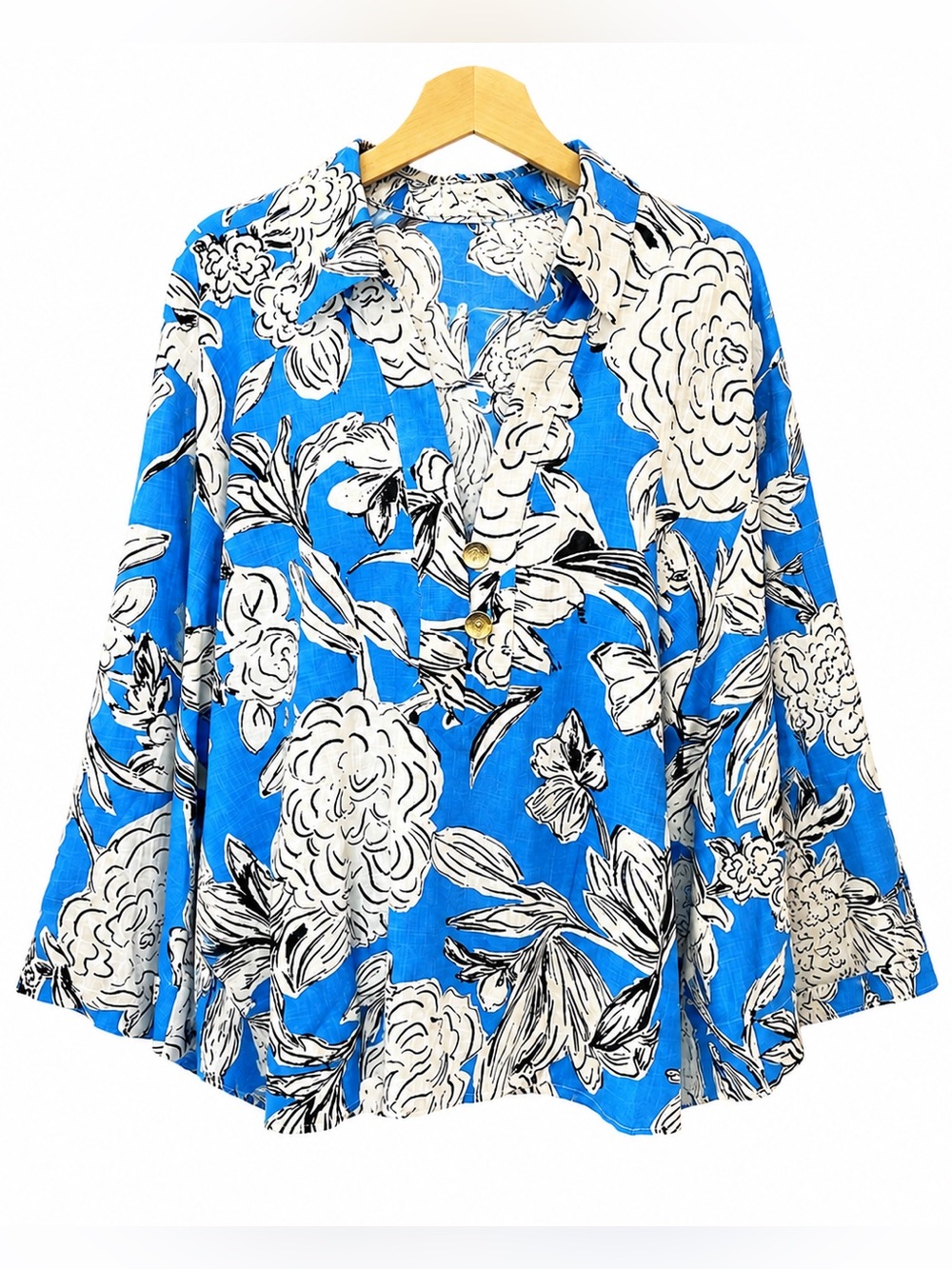 ZARA Blue White Floral Linen Blend Blouse Top NWT XL Oversized Kimono Sleeve